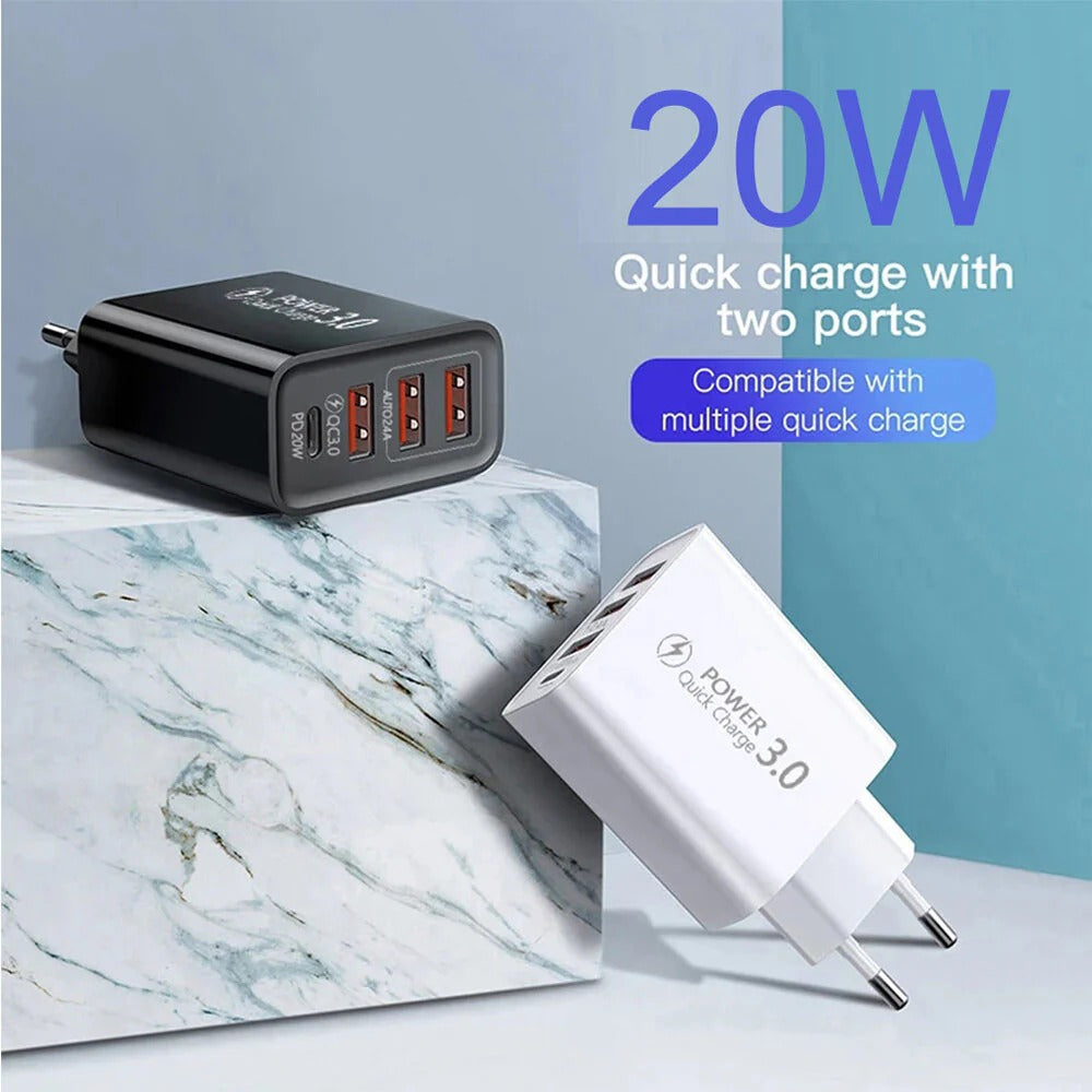 30W 4-Port USB PD Charger, Fast Charging, EU Plug for iPhone, Hui, Oppo, Samsung