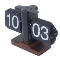 Retro Mechanical Flip Clock with Walnut Wood Base, 24-Hour Display, Desk Decor for Home/Office