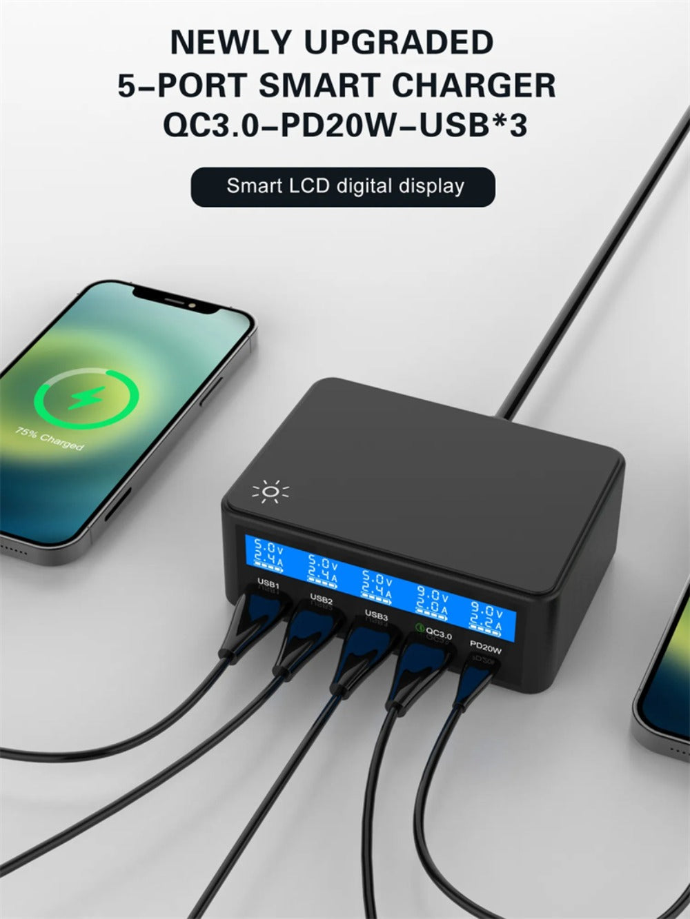 65W 5-Port USB PD Charger, Fast Charging Station for iPhone, Samsung, Hui, Xiaomi