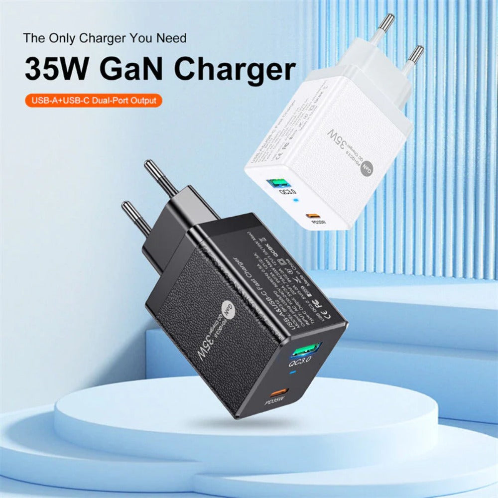 35W GaN USB PD Charger, 2-Port USB-A/USB-C, Fast Charging, EU Plug for iPhone, Xiaomi, Hui, Samsung