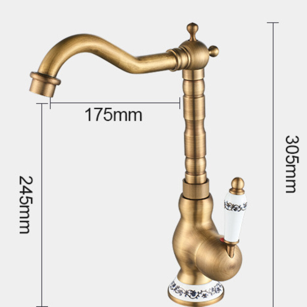 Kitchen Faucet Antique Brass Swivel Single Hole Bathroom Basin Sink Tap Porcelain Handle Rotatable Crane