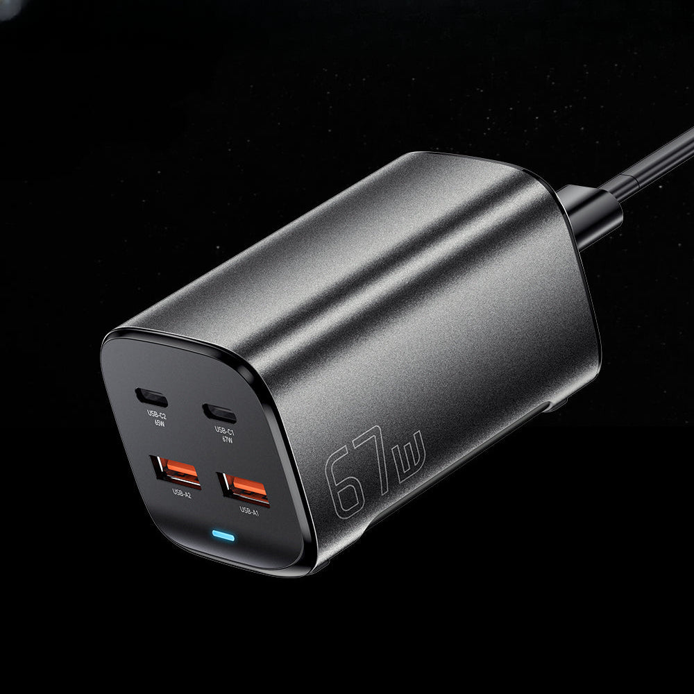 67W 4-Port GaN USB PD Charger: 2 USB-A + 2 USB-C, Fast Charging, EU/US Plug, 1M Cable