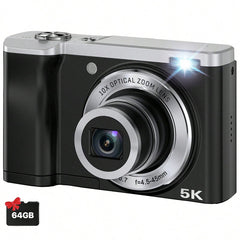 5600 Megapixels 5K Digital Camera, 10x Optical Zoom, Dual Cameras, 2.8-Inch IPS Touchscreen, 64GB Card Included