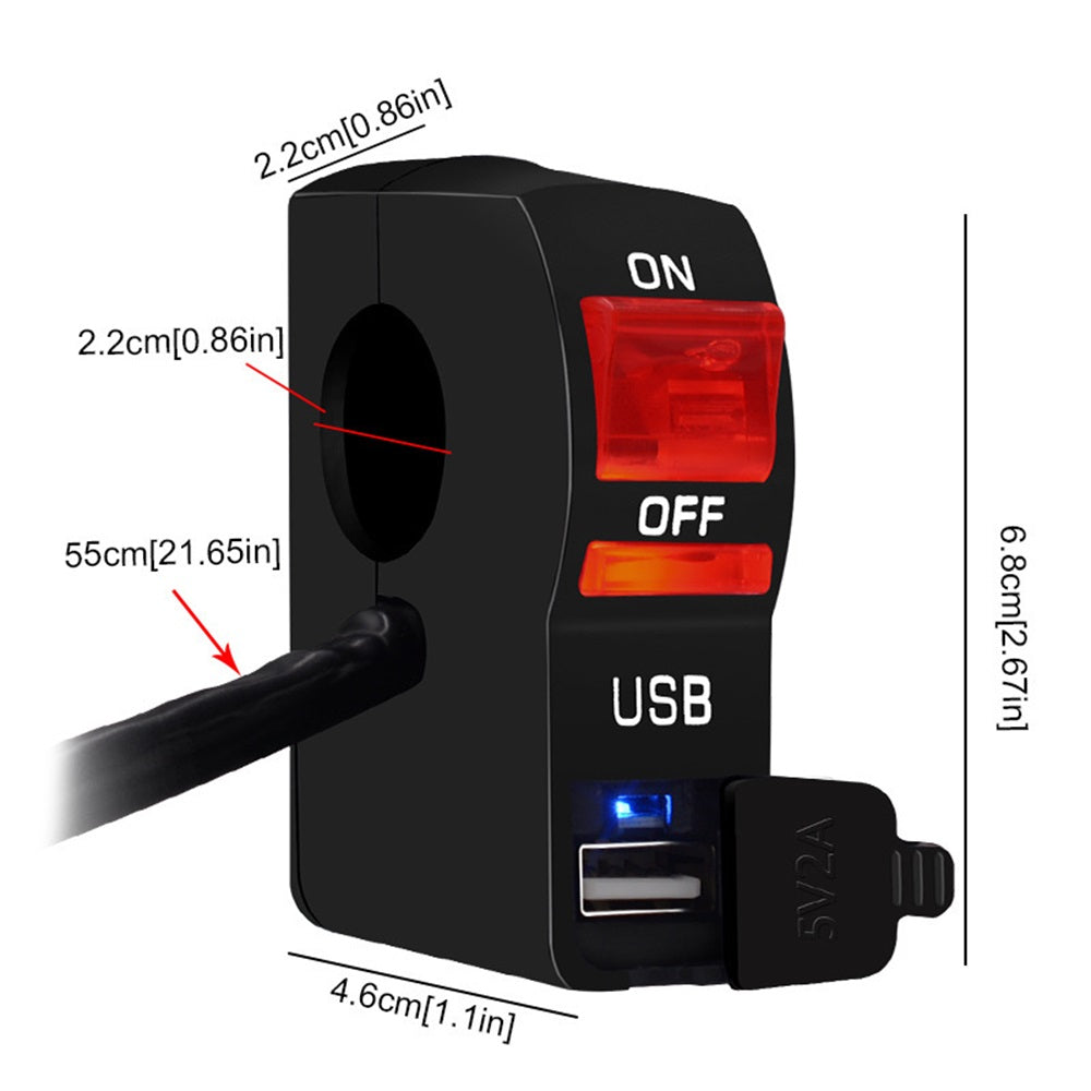 12V Motorcycle USB Charging Light ON OFF Handlebar Switch with Indicator Light Waterproof ATV Fog Spot