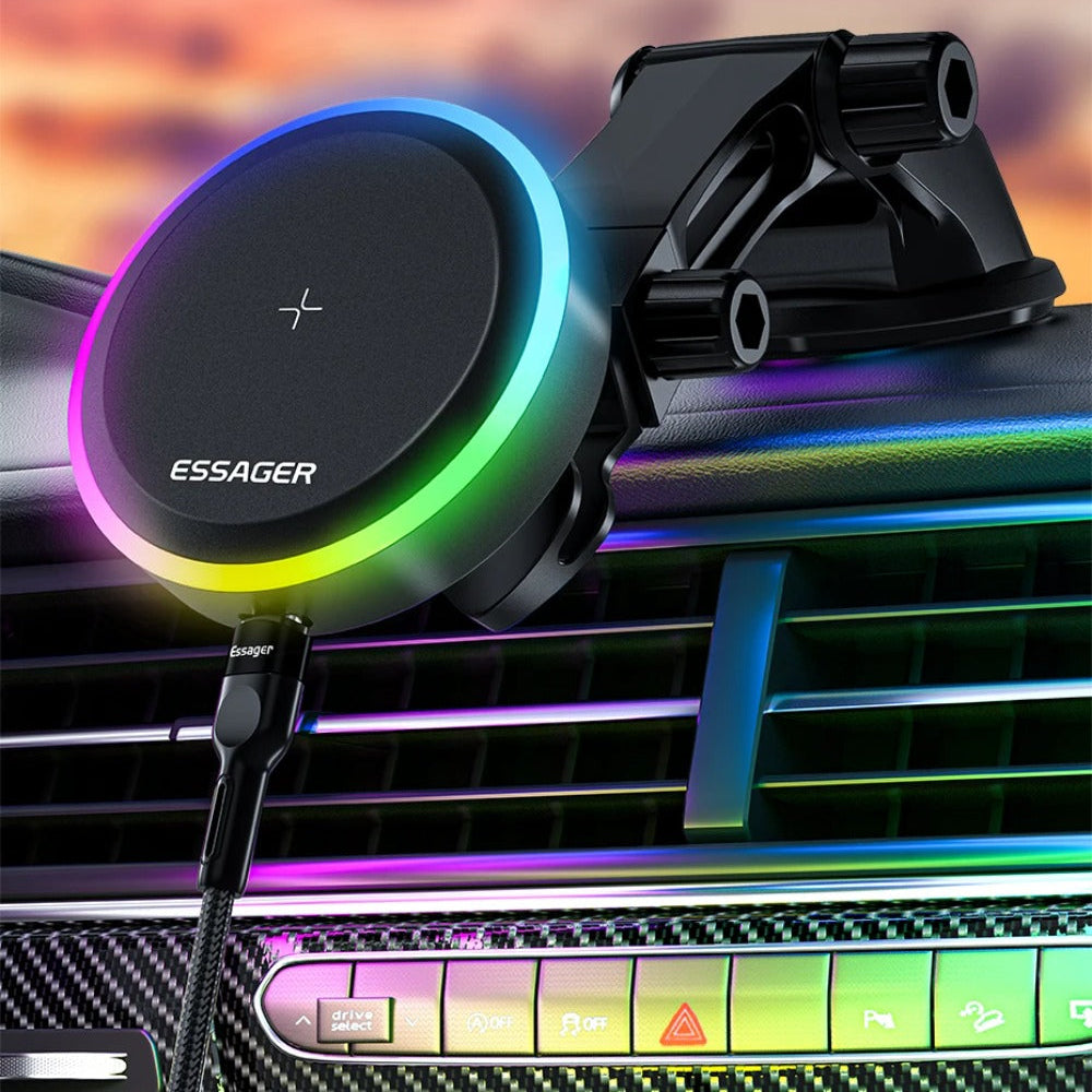 RGB Magnetic Car Phone Holder & 15W Wireless Charger for iPhone 14/13 Pro Max, Samsung