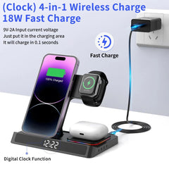 15W Wireless Foldable Charger with Digital Clock for iPhone, Xiaomi, Hui, Apple Watch, AirPods