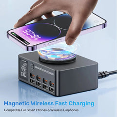 140W 8-Port USB PD Charger with Wireless Pad, Fast Charging for iPhone, Samsung, Hui, Xiaomi