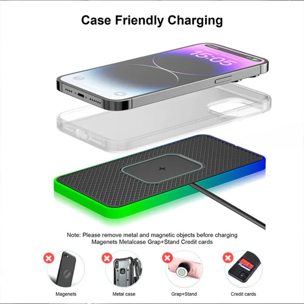 RGB Fast Wireless Charger 15W/10W/7.5W/5W with 1M Cable for Qi-enabled Devices