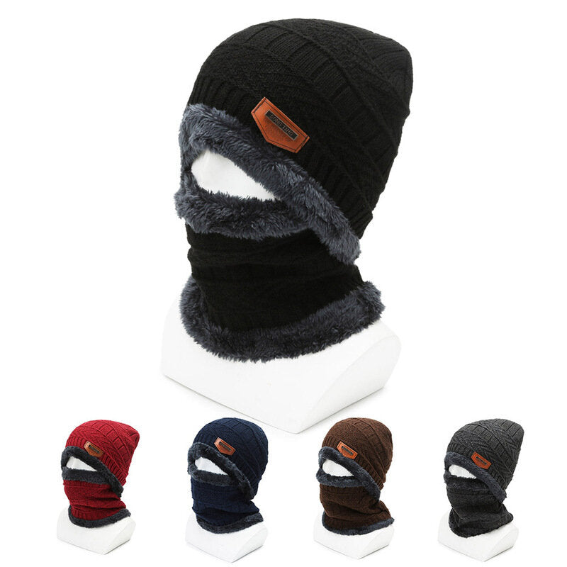 Winter Padded Hat Scarf Set Warm Knitted Cap Thick Fleece Lining Neck Warmer for Men Women