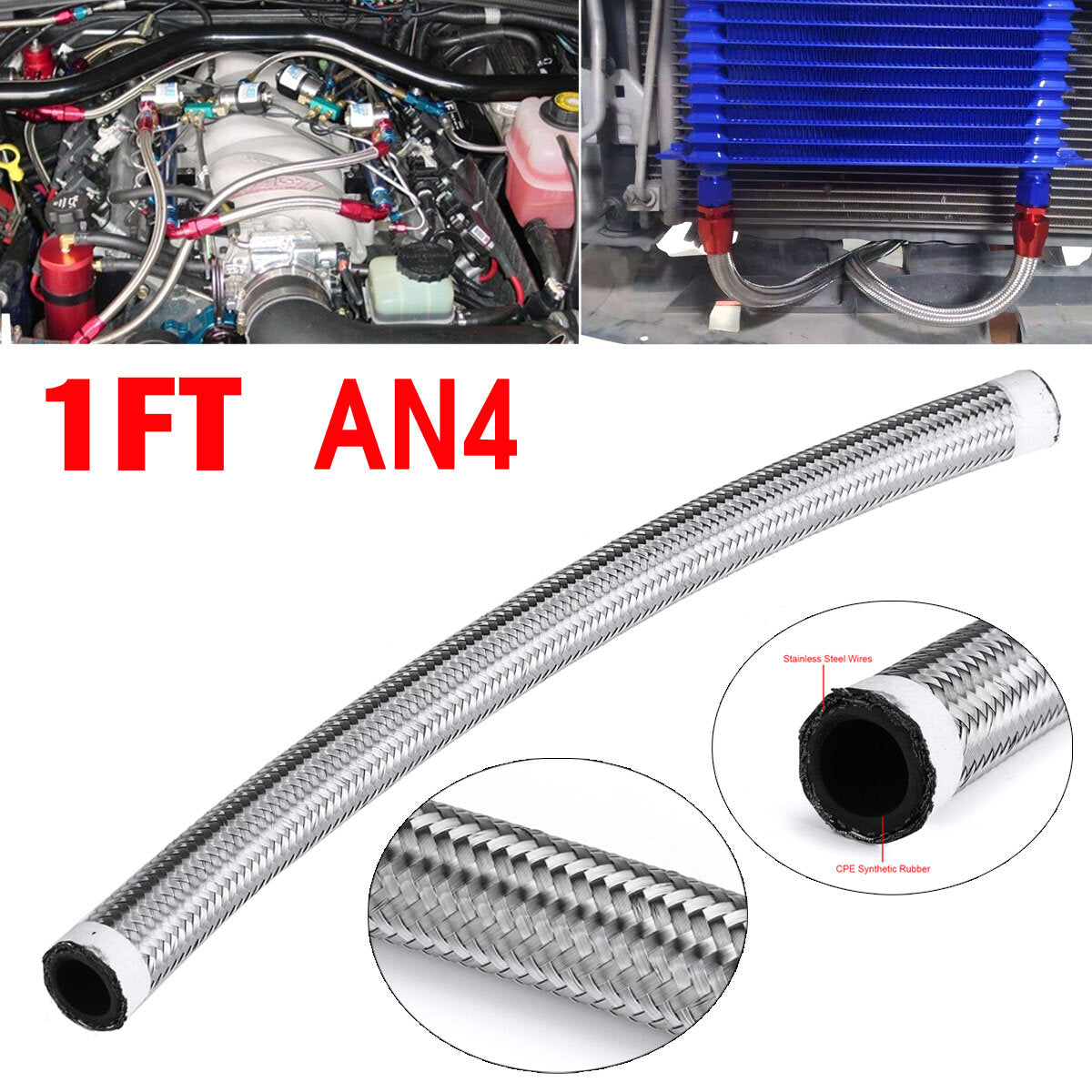 1FT AN4 AN6 AN8 AN10 Fuel Hose Oil Gas Hose Line Pipe Nylon Stainless Steel Braided Silver