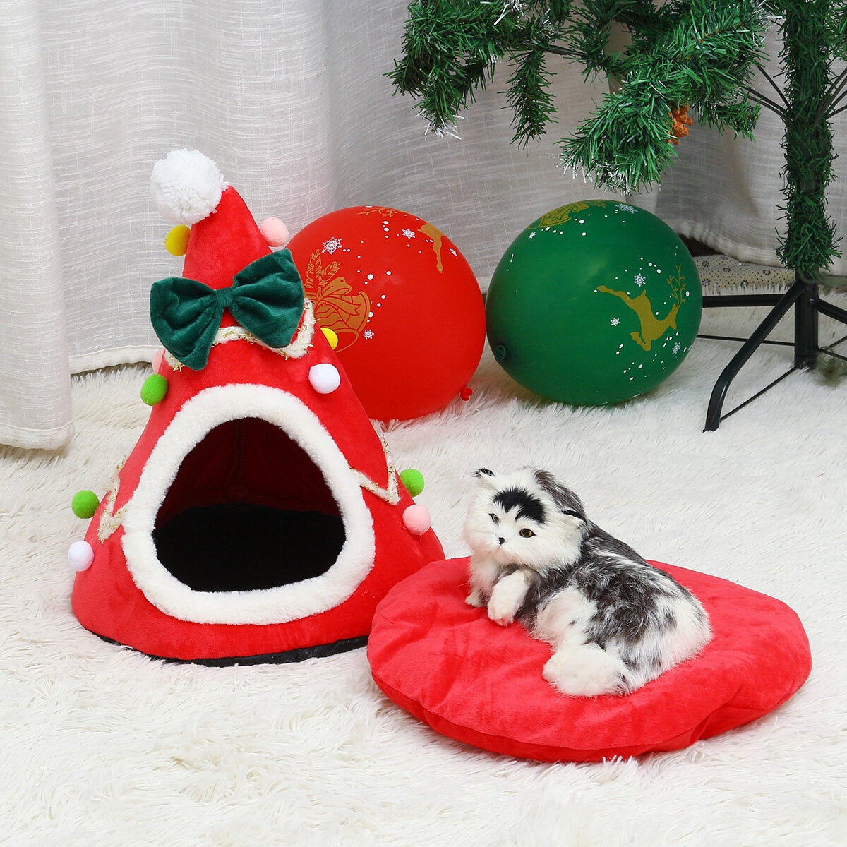 Cat Pet Dog Christmas Tree Shape Velvet Warm House Cave Beds Indoor Cats Cozy Wool Igloo Pet House