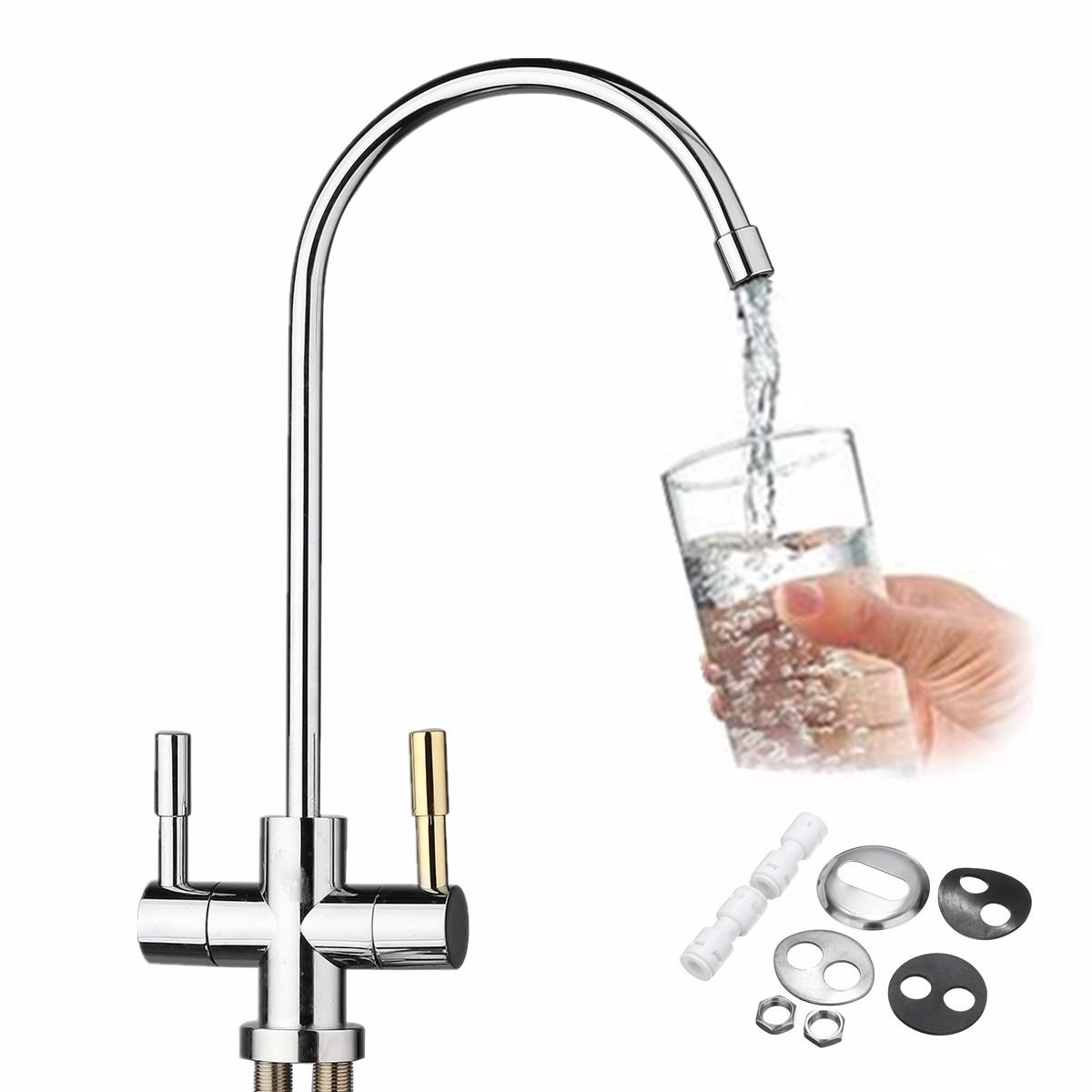 1/4'' Double Holes Chrome RO Reverse Osmosis Kitchen Sink Drinking Water Filter Neck Faucet