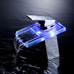 LED Bathroom Sink Faucet Waterfall Water Flow Chrome One Hole/Handle Vessel