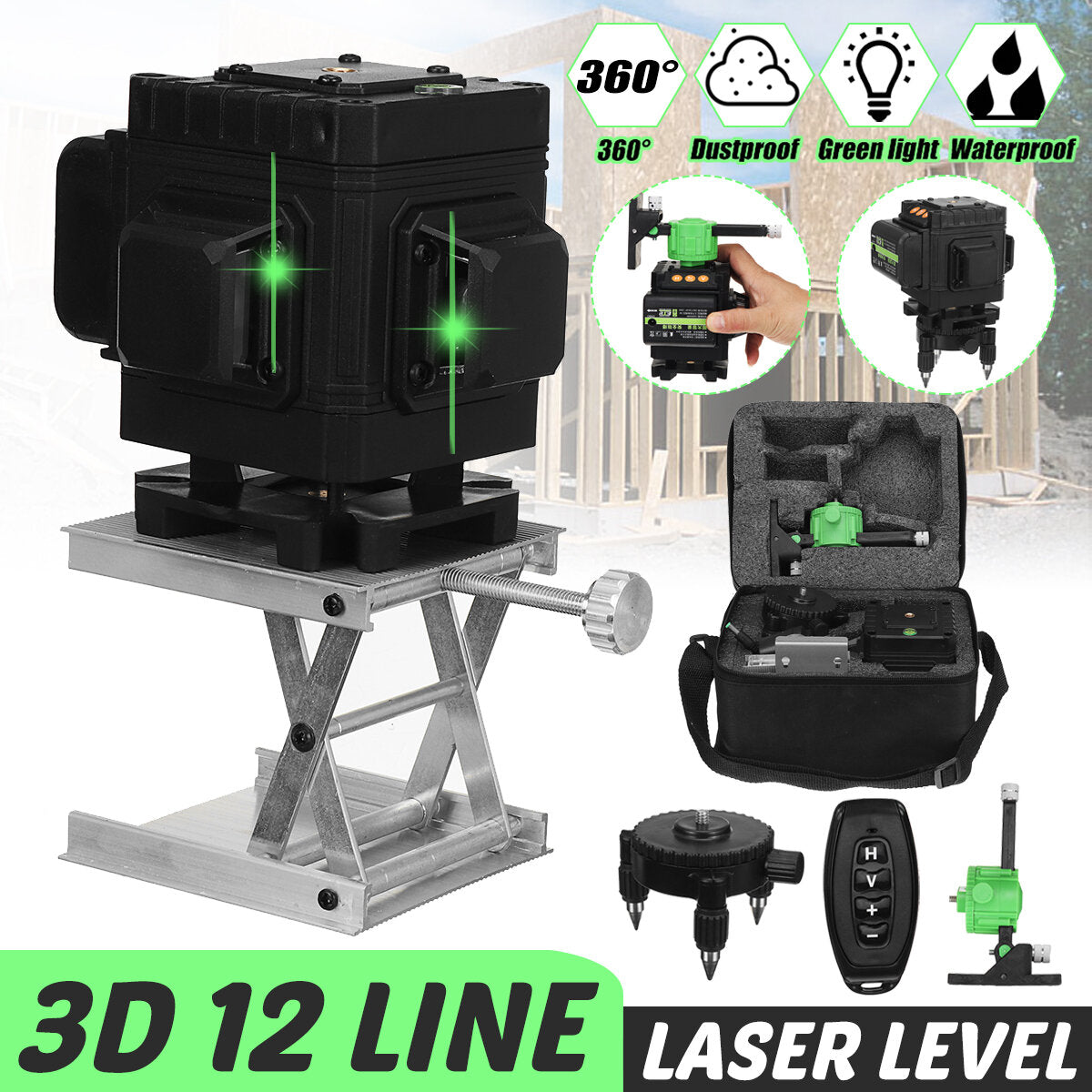 12/16 Lines 3D Green Laser Level Self-Leveling Wireless Remote 360 Horizontal & Vertical Beam Lines