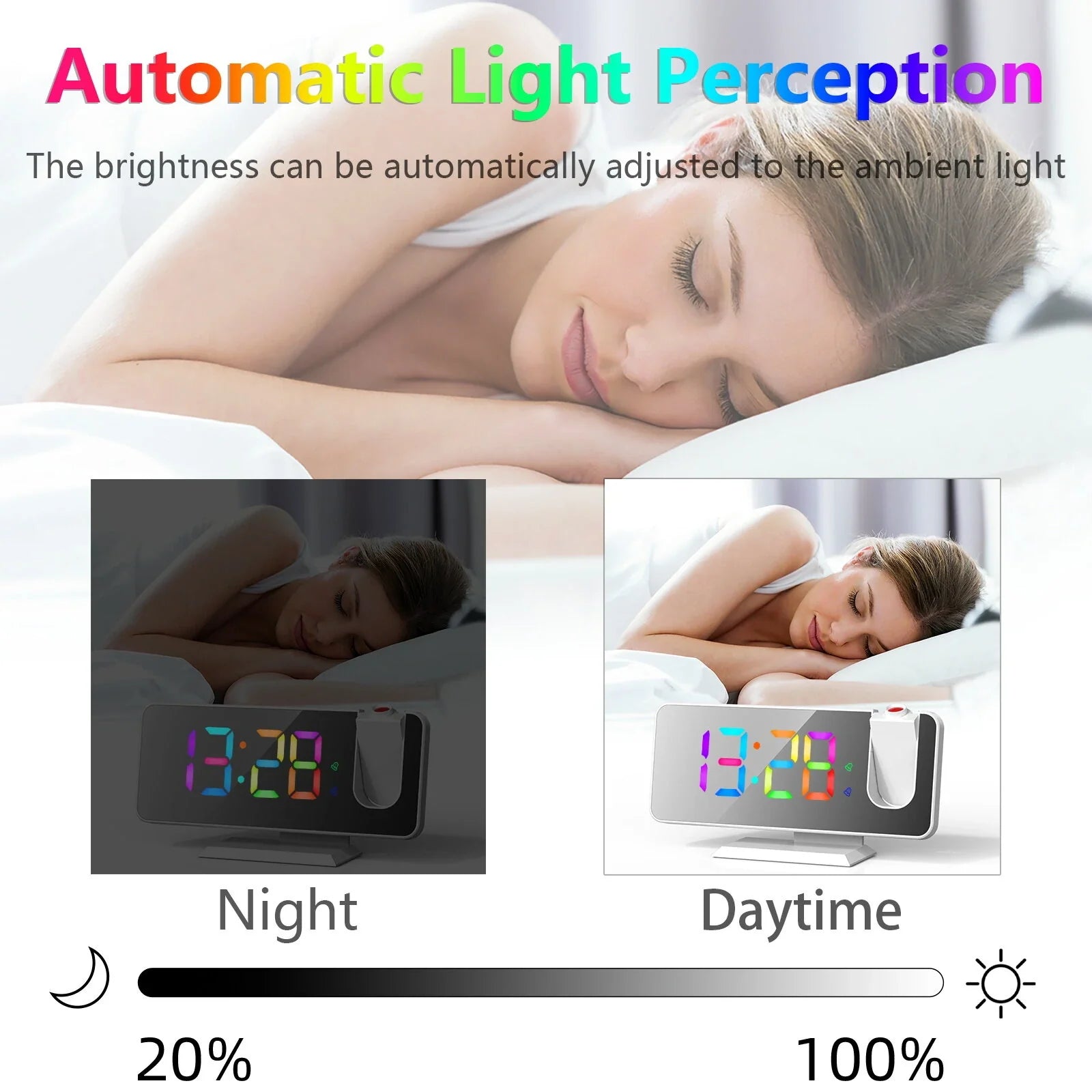 RGB LED Projection Alarm Clock: 180° Projector, 11 Colors, Mirror Surface, USB Charger, Adjustable Brightness - Bedroom/Living Room