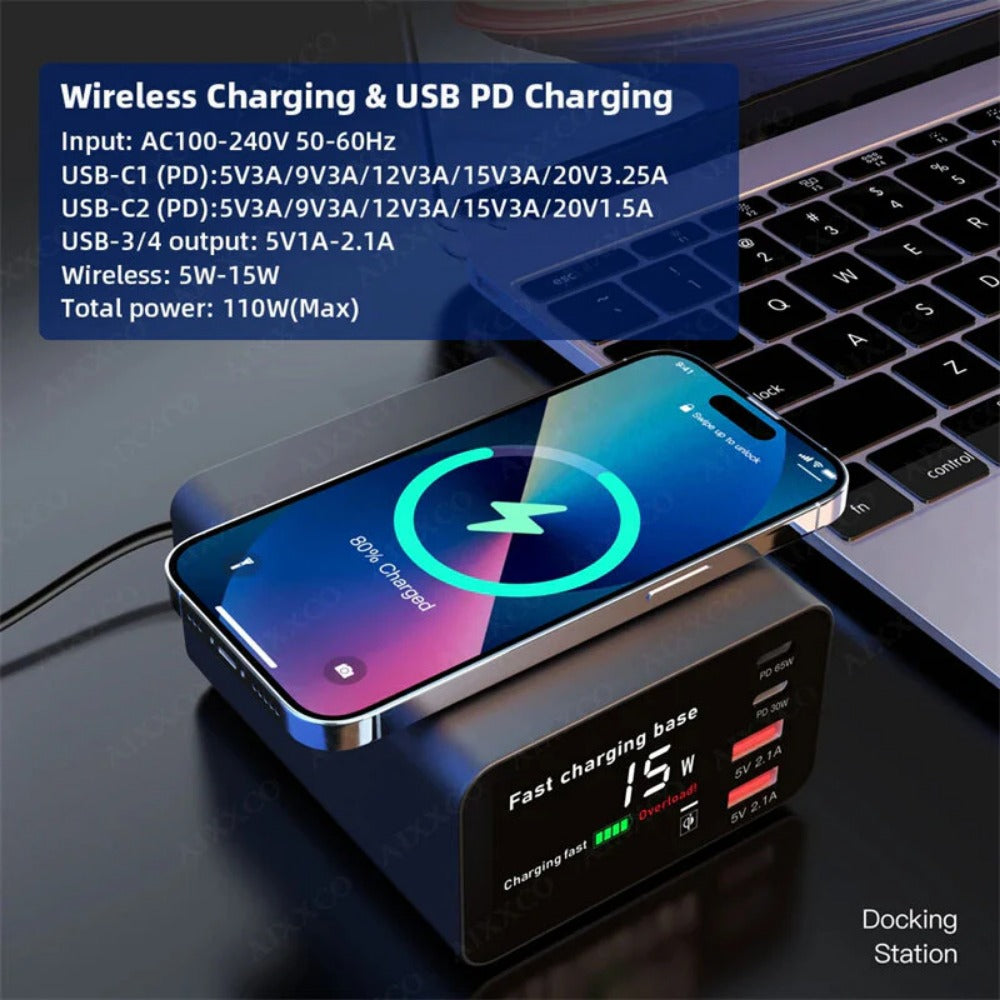 110W 4-Port USB PD Charger, 2USB-A+2USB-C, Fast Wireless Charging Station, EU Plug, for iPhone, Hui, Samsung, Xiaomi