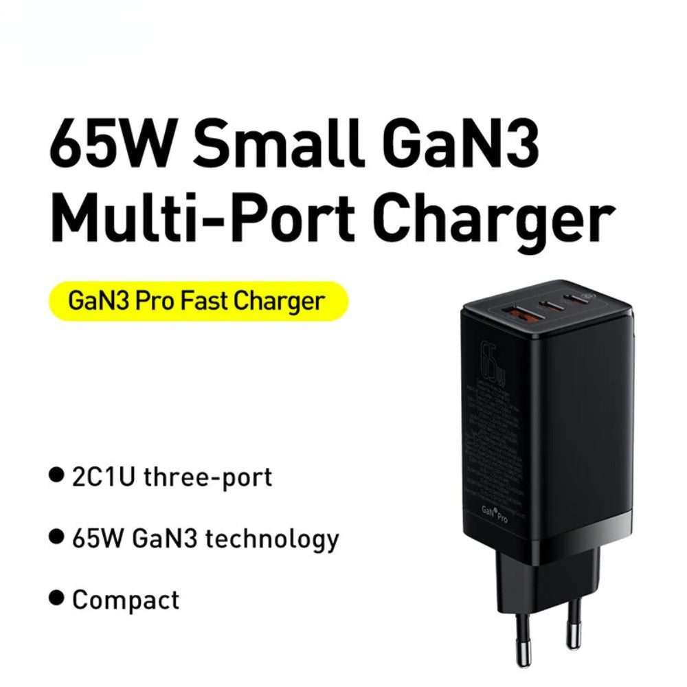 GaN3 Pro 65W 3-Port USB PD Charger Fast Charging Adapter with 100W Type-C Cable