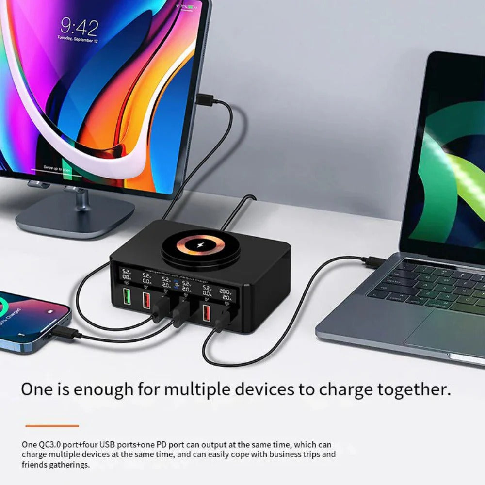 65W 6-Port USB PD Charger, Fast Wireless Charging Station for iPhone, Hui, Xiaomi, Samsung