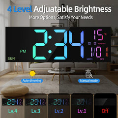 16" LED Digital Wall Clock with Remote, RGB Display, Auto Brightness, Date, Temperature - Ideal for Living Room, Bedroom, Office Decor