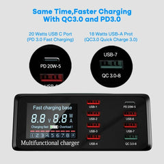 100W 8-Port USB Charger Station with Wireless Charging, Fast PD3.0 QC3.0 Adapter for iPhone, Samsung, Xiaomi, Oppo