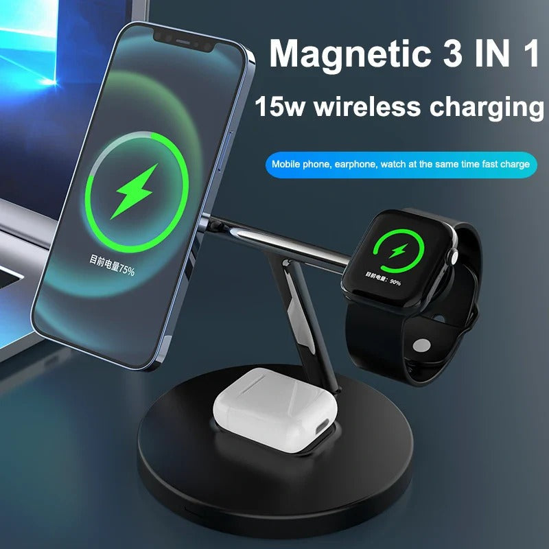 Fast Wireless Magnetic Charger Stand for iPhone 12-14, Samsung S23, Apple Watch, AirPods