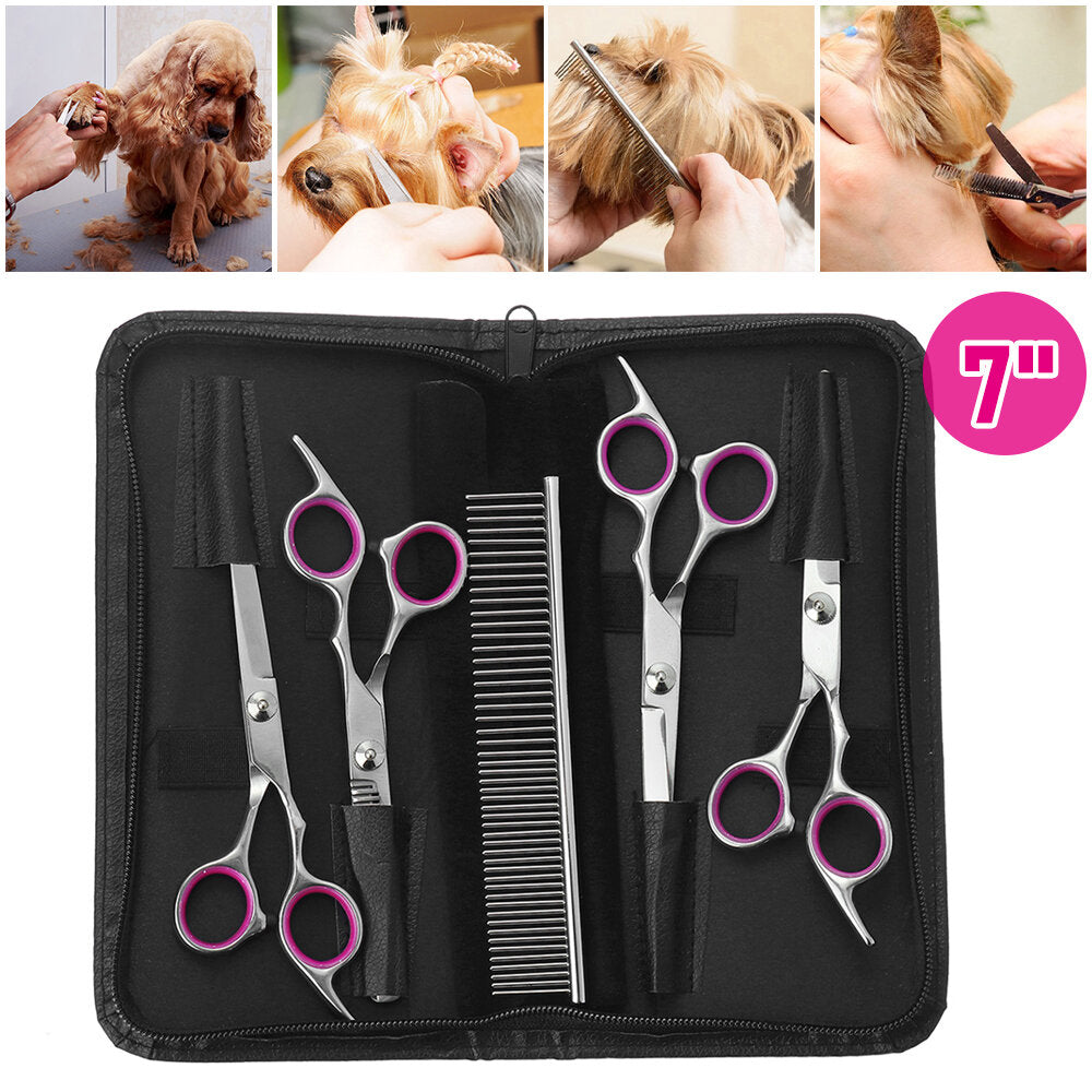 6Pcs Stainless Pet Dog Cat Hair Grooming Scissors Cutting Curved Thinning Shears