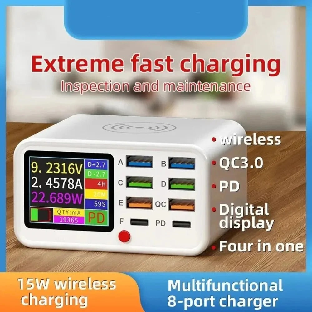 Multi-Functional 8-Port USB Wireless Fast Charger with Visual Current Detection for Mobile Devices