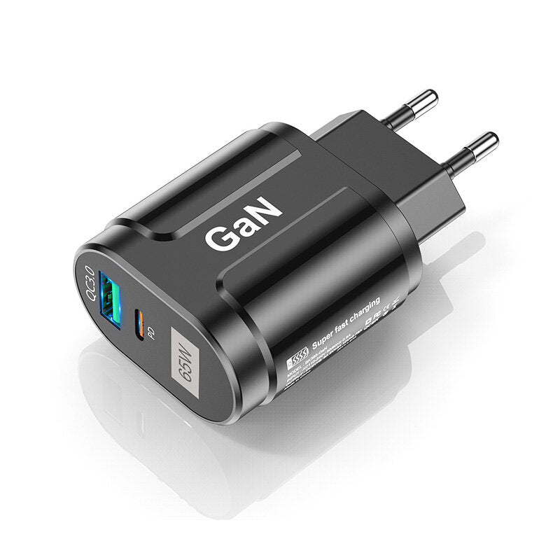 65W GaN 2-Port USB PD Charger, Fast Charging Adapter for iPhone, Samsung, Hui