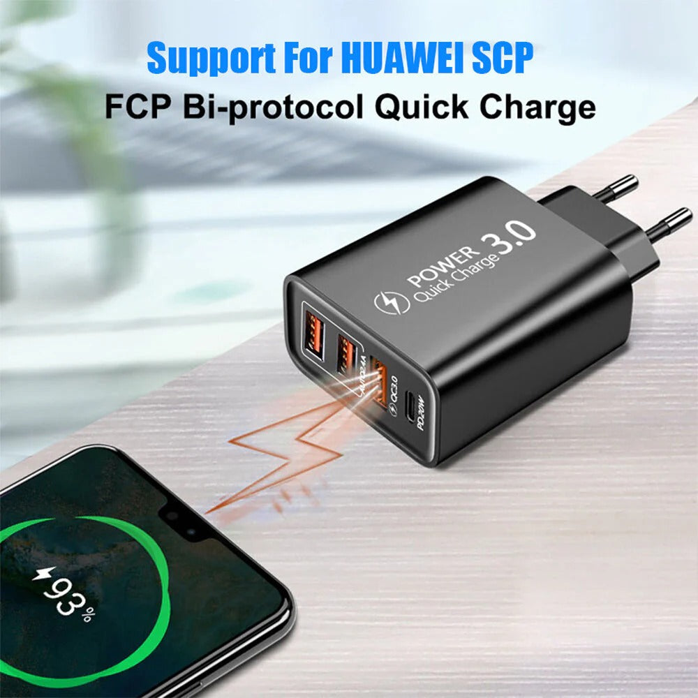 30W 4-Port USB PD Charger, Fast Charging, EU Plug for iPhone, Hui, Oppo, Samsung