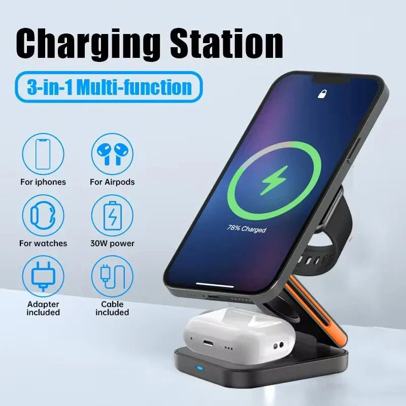 30W 3-in-1 Foldable Magnetic Wireless Charger for iPhone 15/14/13, AirPods, Apple Watch