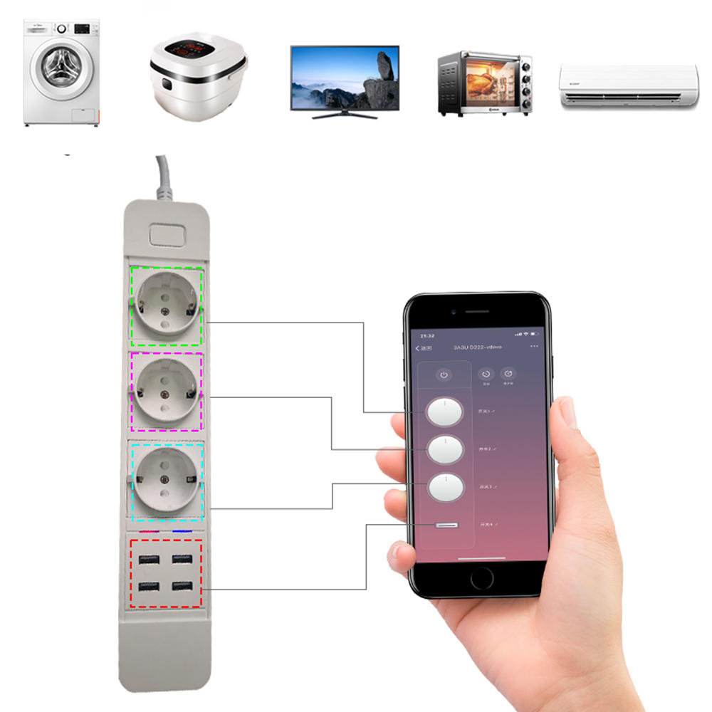 Smart WIFI App Control Power Strip with 3 EU Outlets Plug 4 USB Fast Charging Socket Work Power Outlet