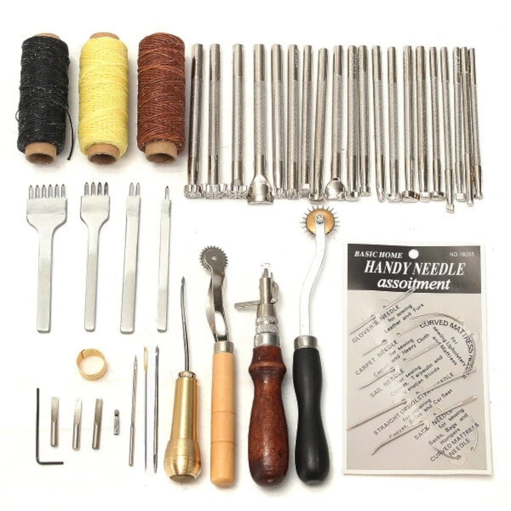 48Pcs Leather Craft Tools Kit Hand Sewing Stitching Punch Carving Work Saddle
