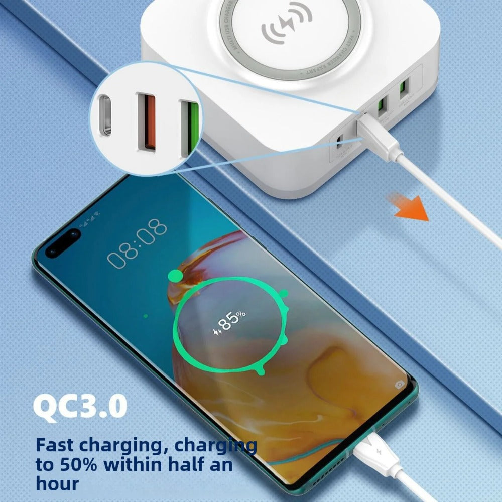 Fast Wireless Charger 30W PD3.0, 18W QC3.0, Dual USB-A, EU Plug for iPhone 14 Pro Max, Samsung S22, P50