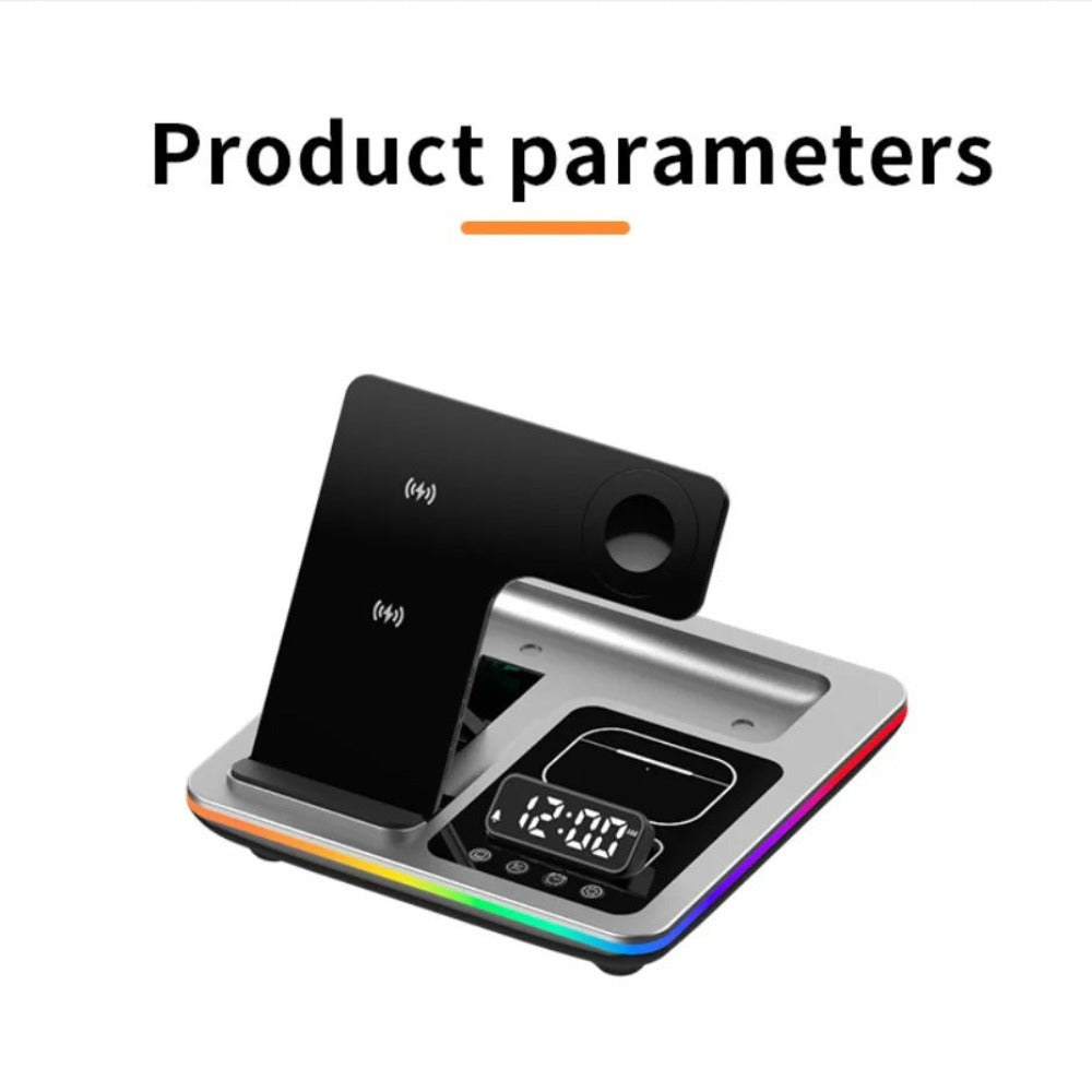 5-in-1 15W RGB Wireless Charger with Alarm Clock for iPhone, Xiaomi, Hui, AirPods, Apple Watch