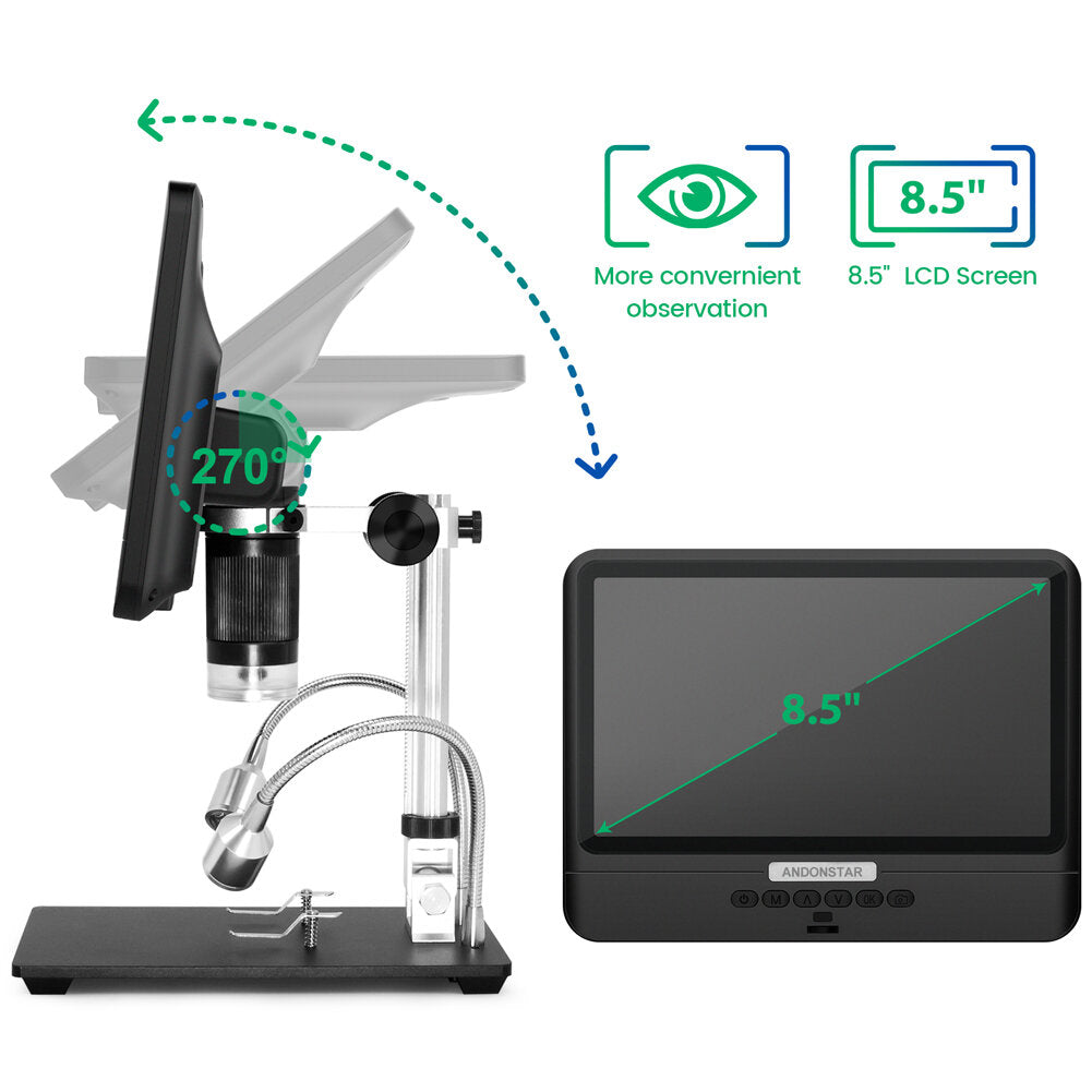 8.5 Inch 5X-1200X Digital Microscope Adjustable 1280*800 LCD Display Microscope 1080P Scope Soldering Tool with Two Fill Lights