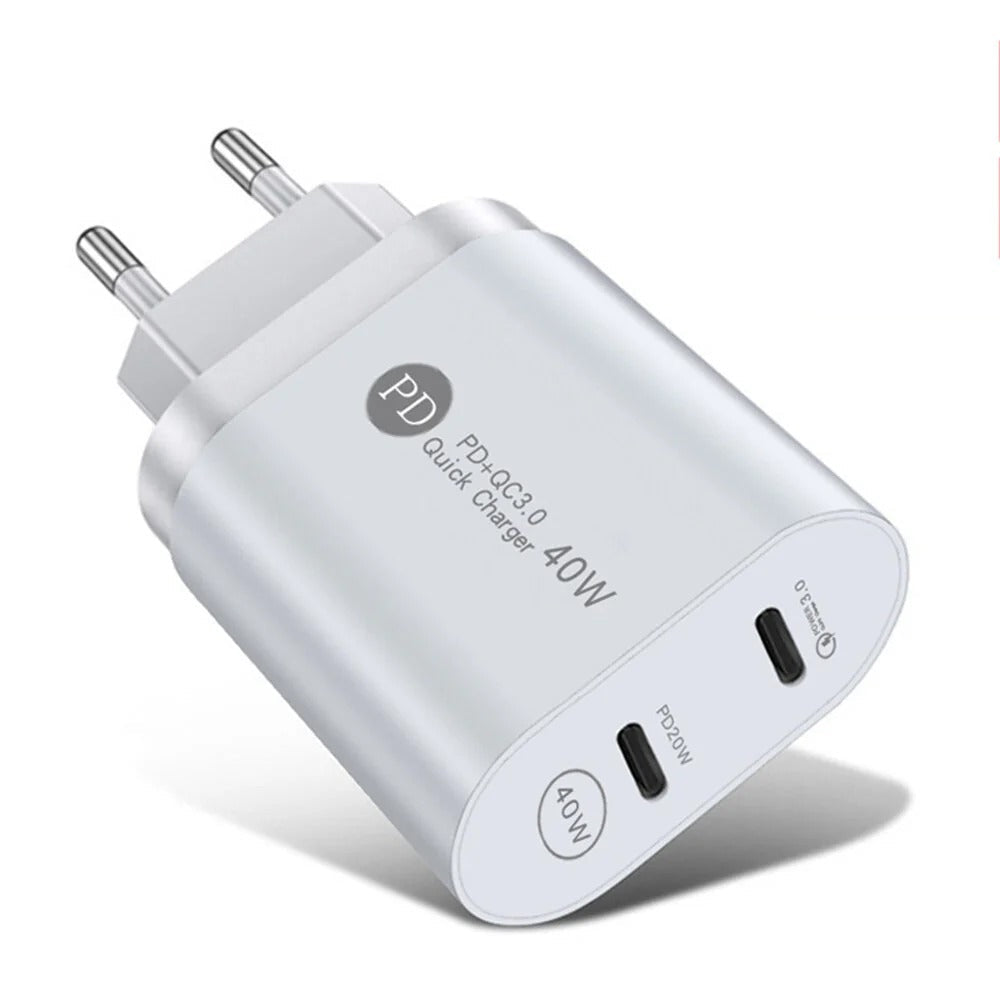 Dual 20W USB PD QC3.0 Fast Charger Adapter EU Plug for iPhone, Hui, Samsung, Xiaomi