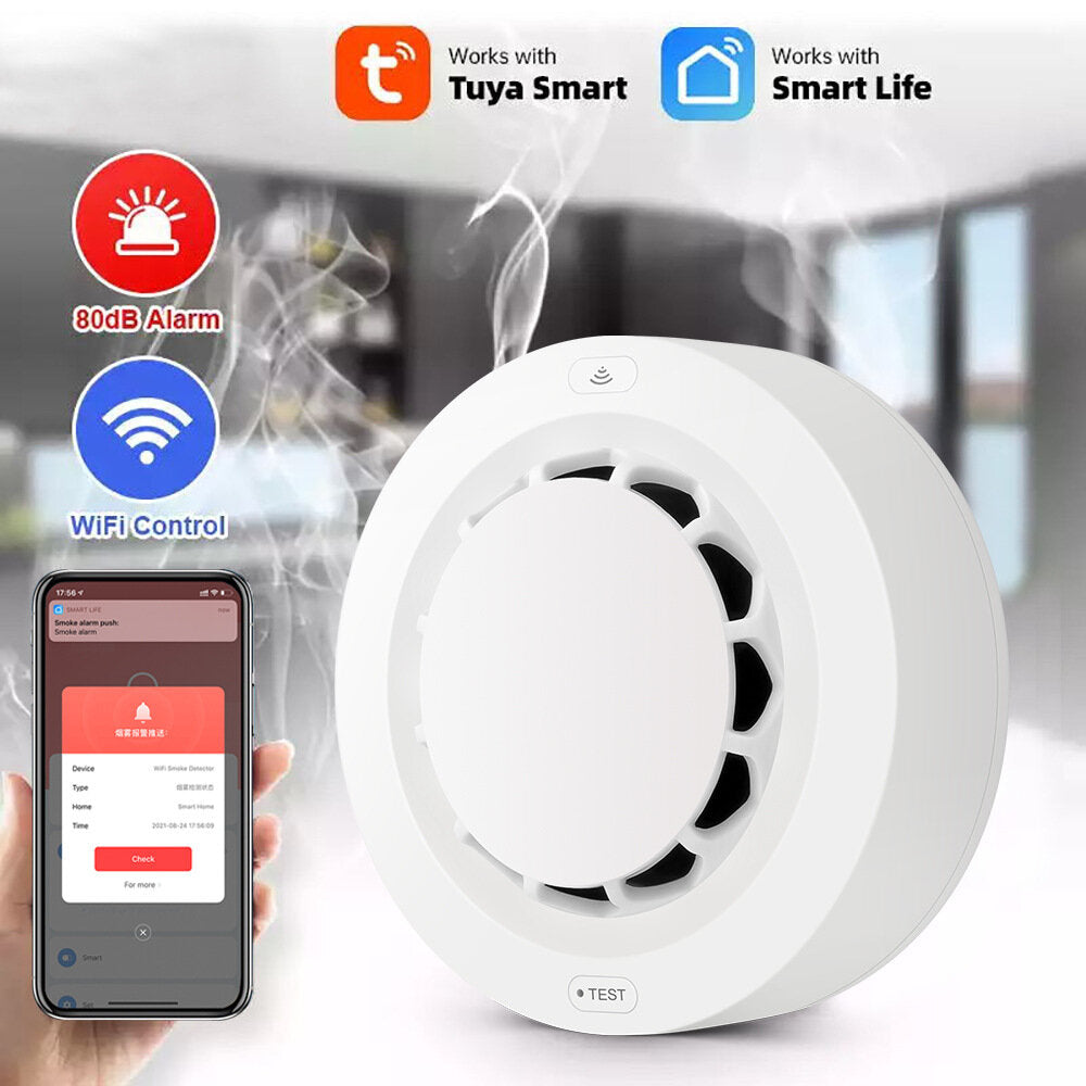 WiFi Smoke Detector Sensor Wireless Fire Smoke Alarm App Smart Remote Control 80dB Alarm Sound Works With Smart Life