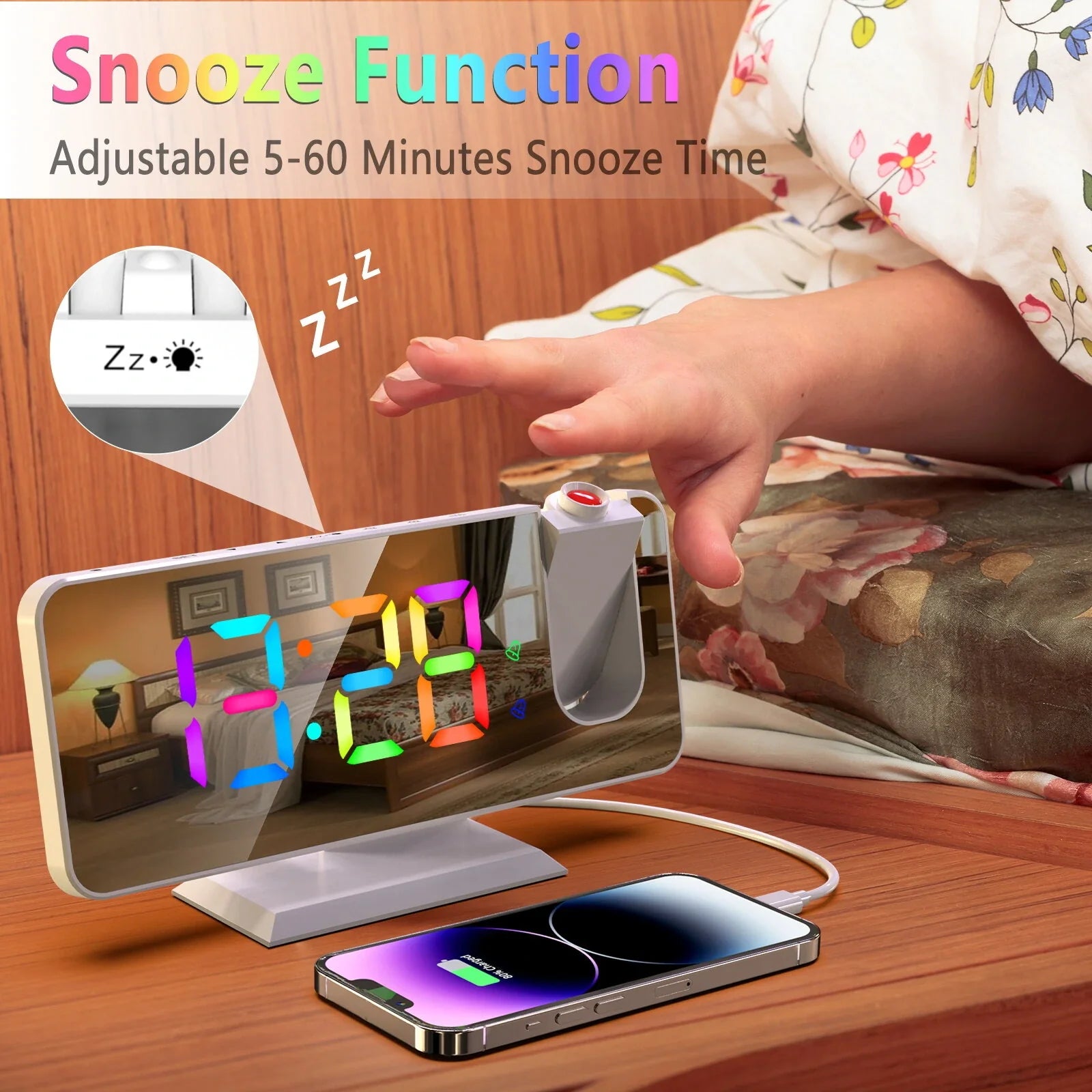 RGB LED Projection Alarm Clock: 180° Projector, 11 Colors, Mirror Surface, USB Charger, Adjustable Brightness - Bedroom/Living Room