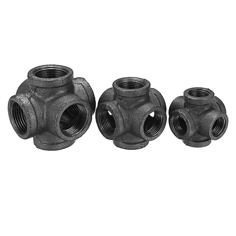 1/2" 3/4" 1" 6 Way Pipe Fitting Malleable Iron Black Double Outlet Cross Female Tube Connector