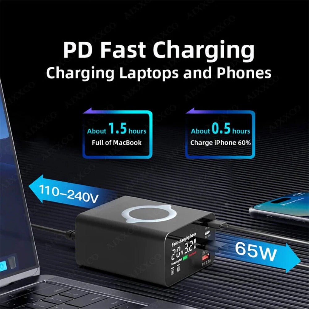 110W 4-Port USB PD Charger, 2USB-A+2USB-C, Fast Wireless Charging Station, EU Plug, for iPhone, Hui, Samsung, Xiaomi