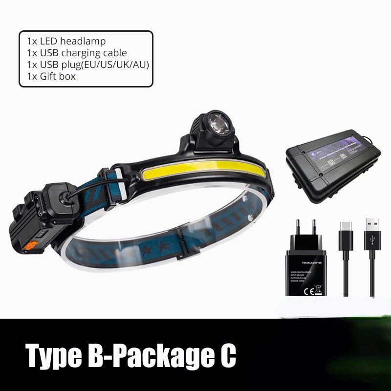 IR Sensor LED Headlamp Powerful XPG+COB Headlight 2000mAh 18650 USB Head Lamp Portable Floodlight Flashlight Waterproof Lantern