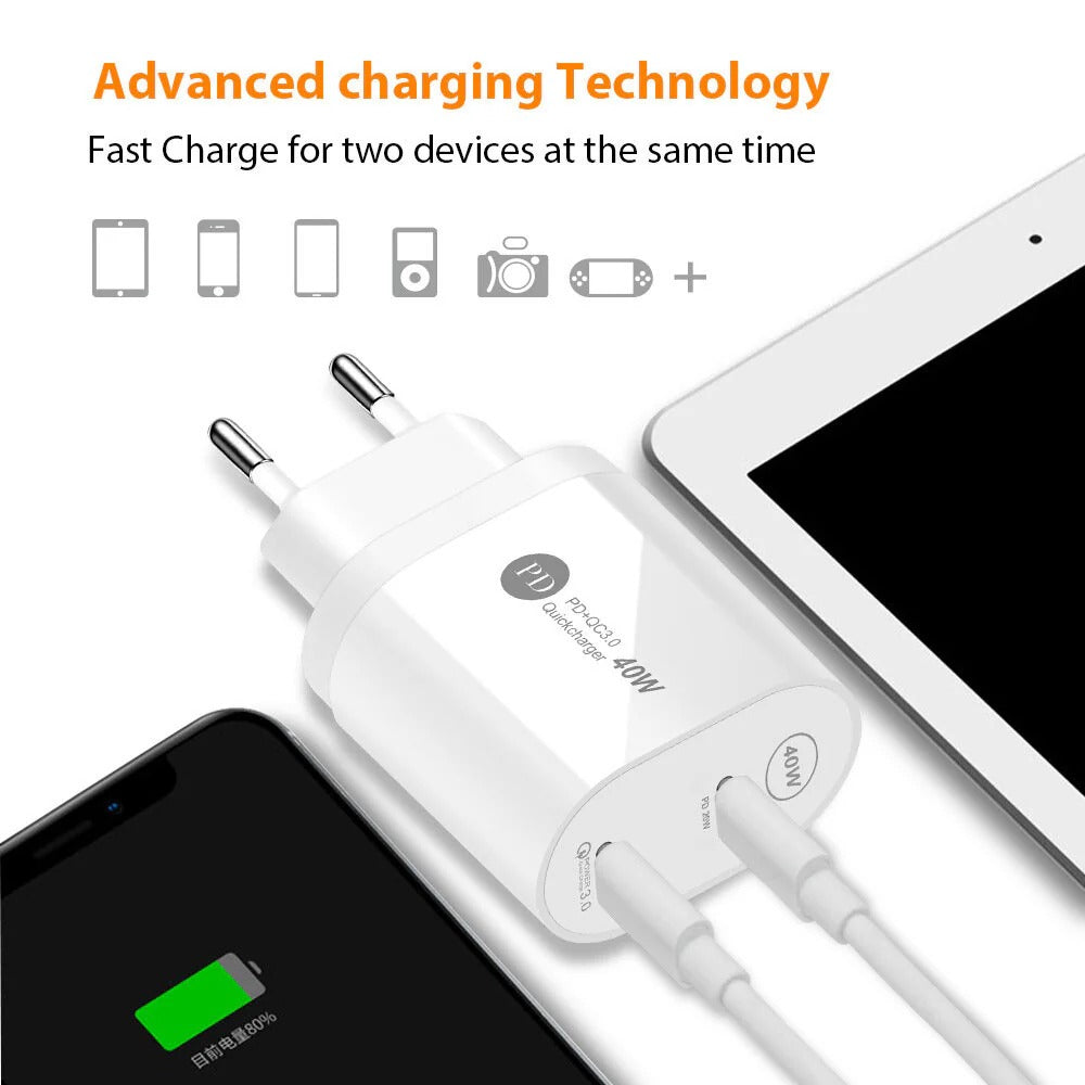 Dual 20W USB PD QC3.0 Fast Charger Adapter EU Plug for iPhone, Hui, Samsung, Xiaomi