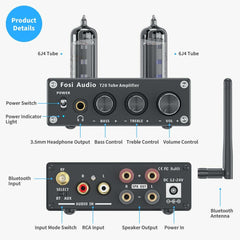 Bluetooth Tube Amplifier Stereo Receiver 2 Channel Class D Digital Mini Hi-Fi Power Amp Preamp Compact Integrated Headphone for Home Passive Speakers with 6J4 Vacuum Tubes + Supply