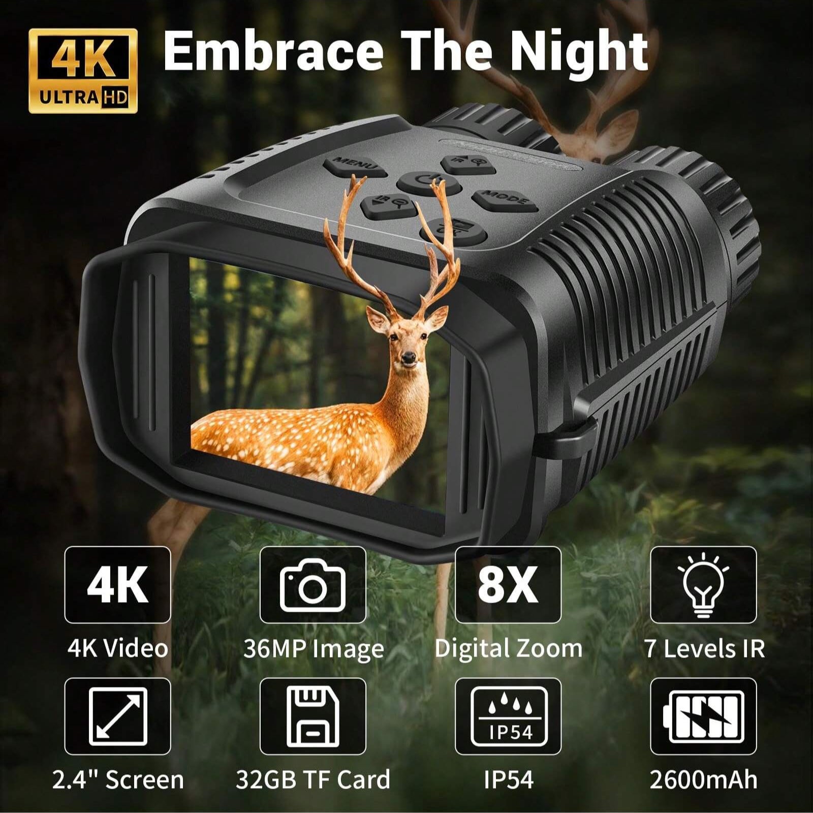 4K Mini Night Vision Goggles, Infrared Binoculars, 2.4" Screen, 8X Zoom, 7 IR Levels, 32GB Card