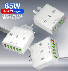 65W 6-Port USB Charger, QC3.0 Fast Charging Adapter for iPhone, Samsung, Hui, Oppo, Redmi