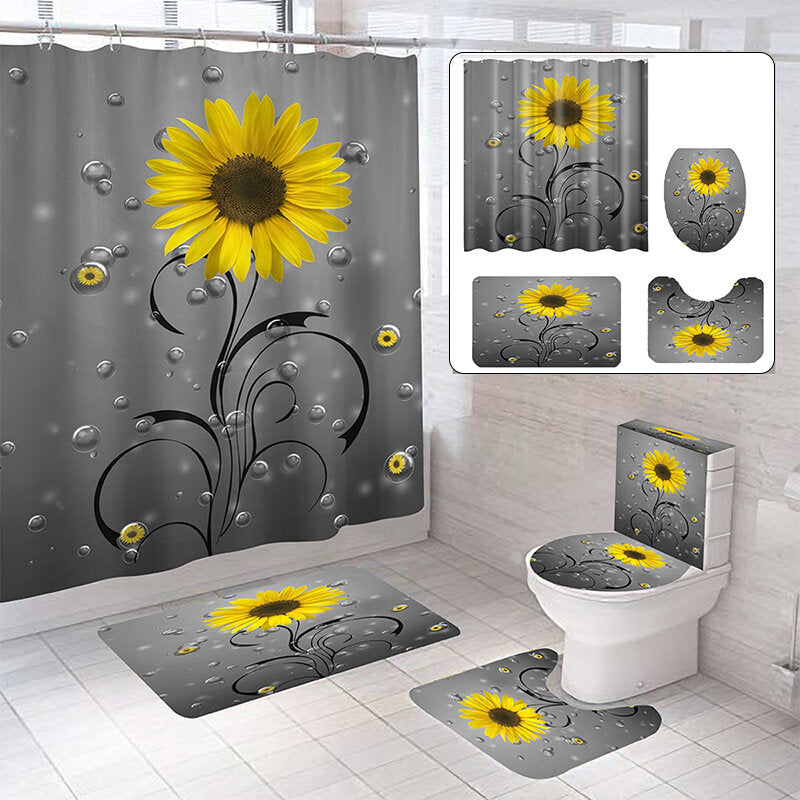 Fabric Waterproof Shower Curtain Bathroom Curtains Set Non-Slip Rug Toilet Lid Cover and Bath Mat