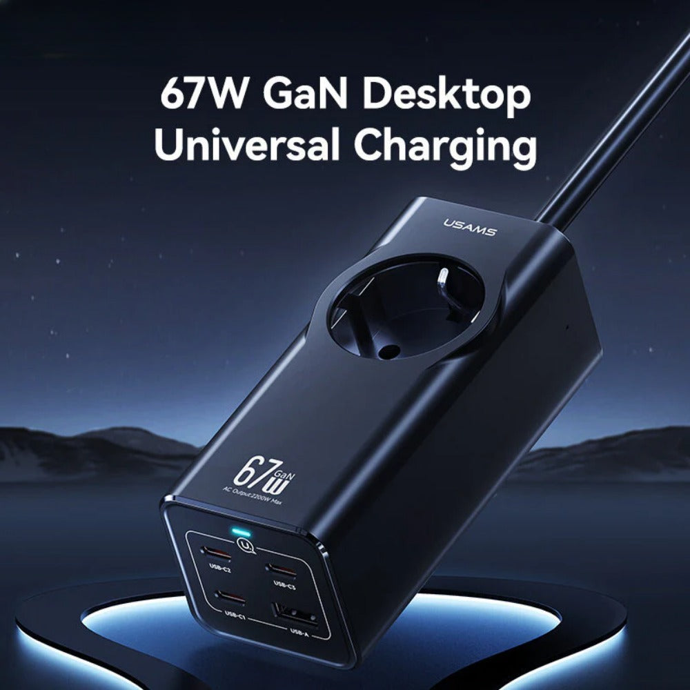 67W 4-Port GaN USB PD Charger, USB-A+3USB-C, Fast Charging, EU Plug, 1.5M Cable