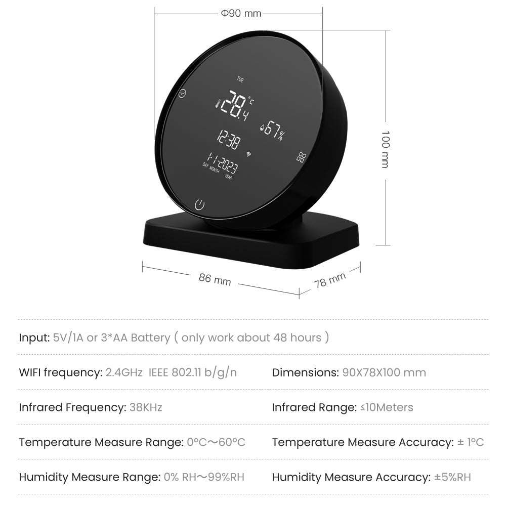 3-in-1 Tuya WiFi IR Remote Controller with Alarm Clock, Temperature & Humidity Sensor - Compatible with Alexa & Google Home