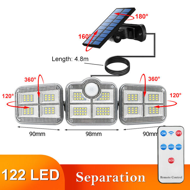 108/122/138/171 LED Solar Lights 3 Head Motion Sensor 270 Wide Angle Illumination Outdoor Waterproof Remote Control Wall Lamp