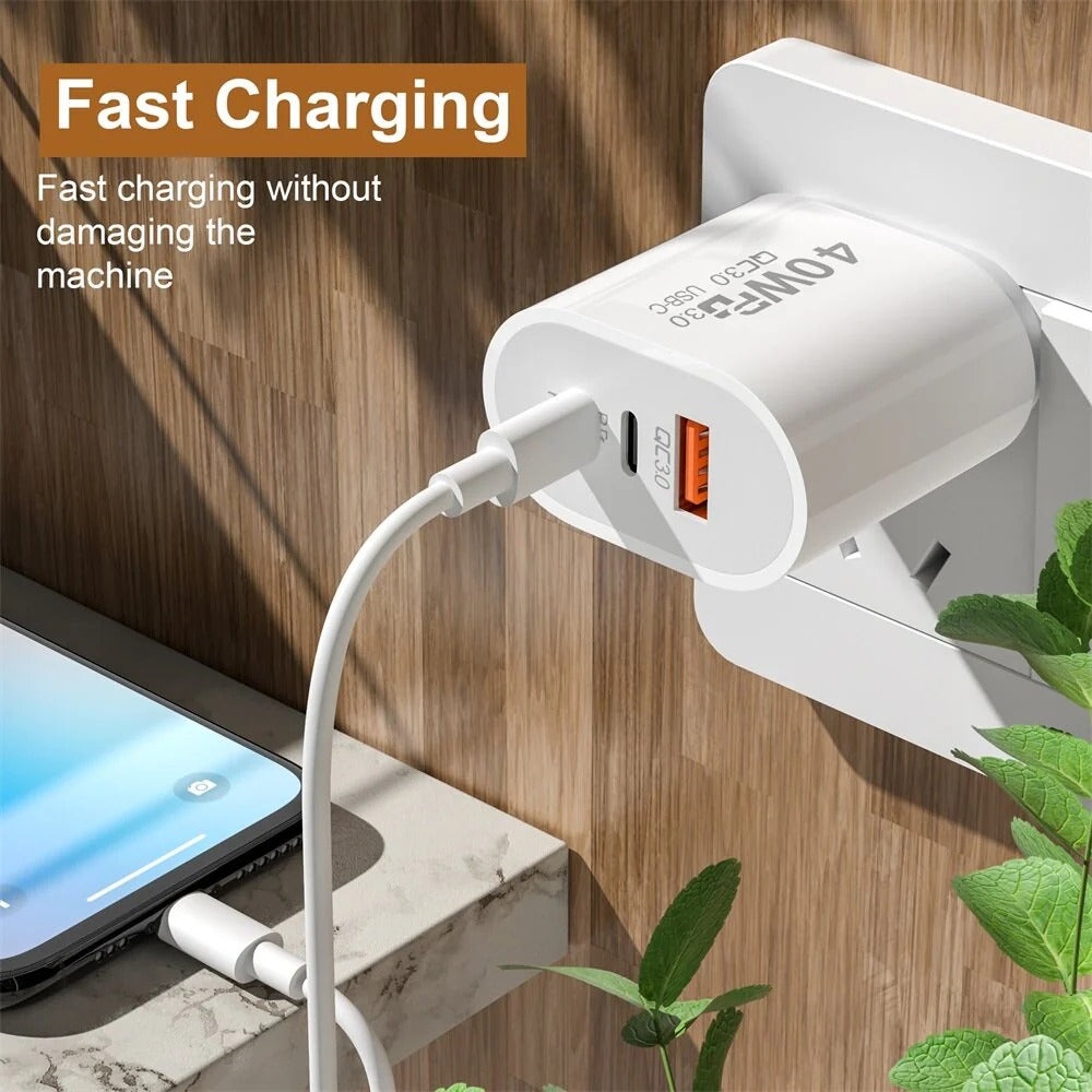 40W 3-Port USB PD Charger, Dual USB-C+USB-A, Fast Charging Adapter for iPhone, Samsung, Hui